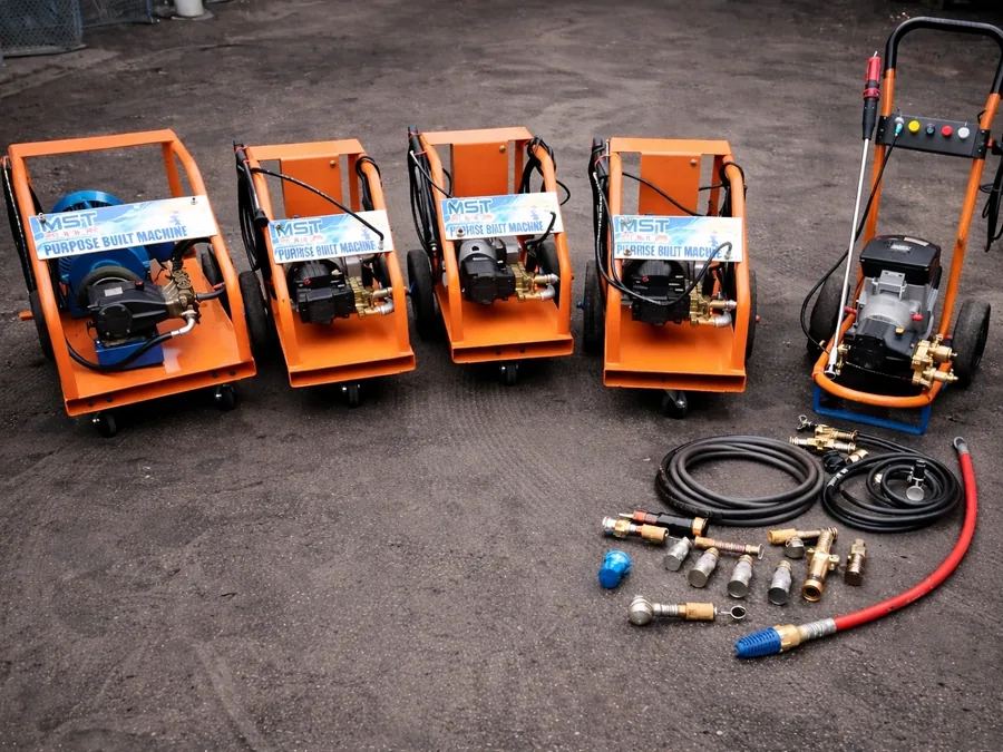A row of custom-built orange MST pressure washers with hoses and fittings